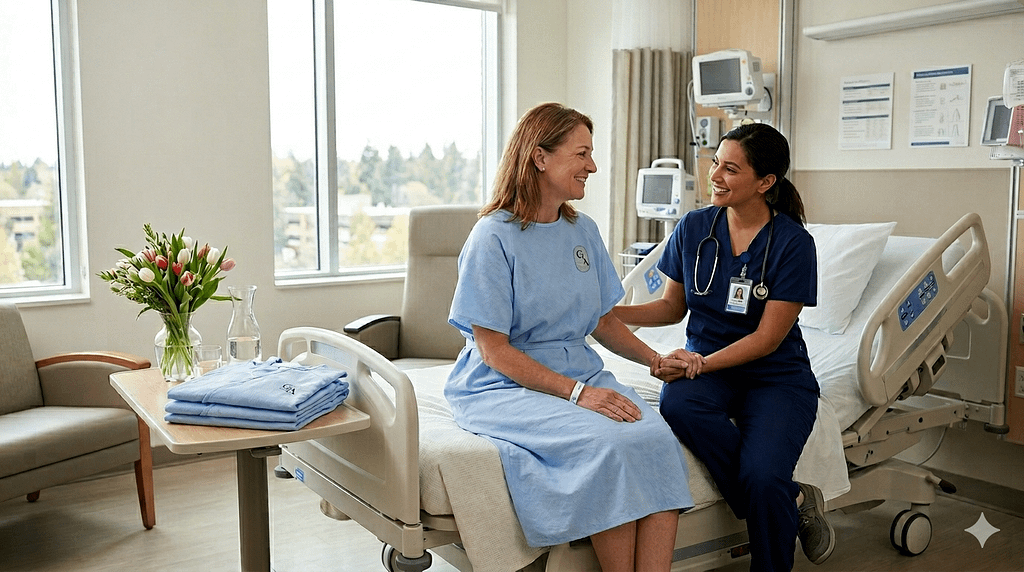 Patient wearing a comfortable light blue hospital gown while interacting with a healthcare professional in a modern hospital room, showcasing reusable patient apparel designed for comfort and dignity.