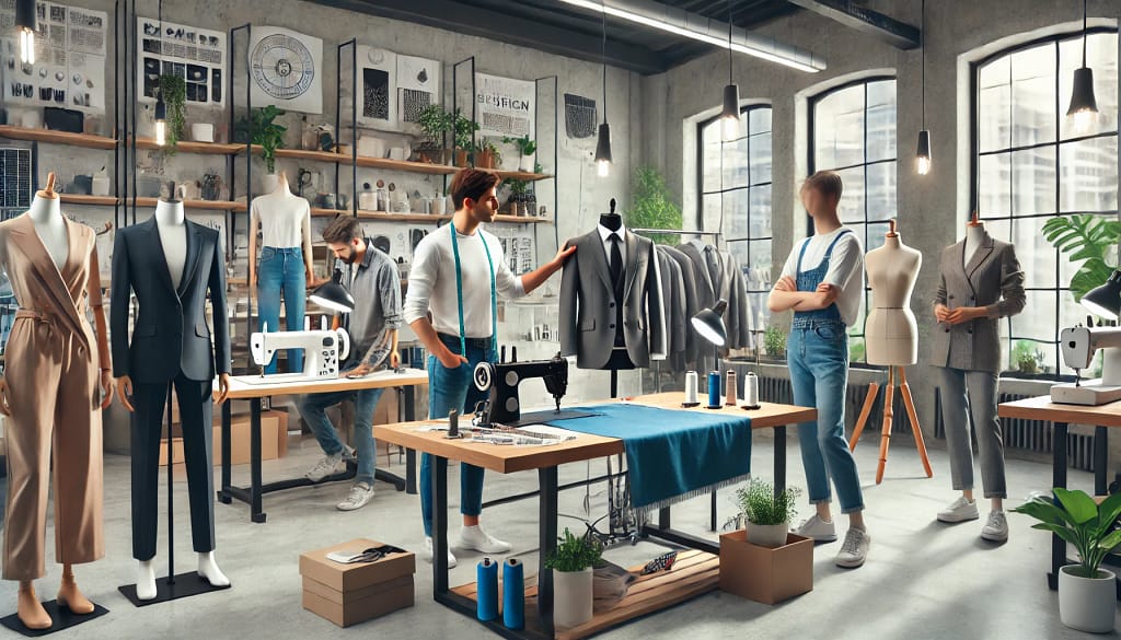 A professional small batch clothing manufacturing workshop with designers and tailors creating high-quality garments. The workspace includes fabric rolls, sewing machines, and sample apparel, showcasing low MOQ production for startups and boutique brands